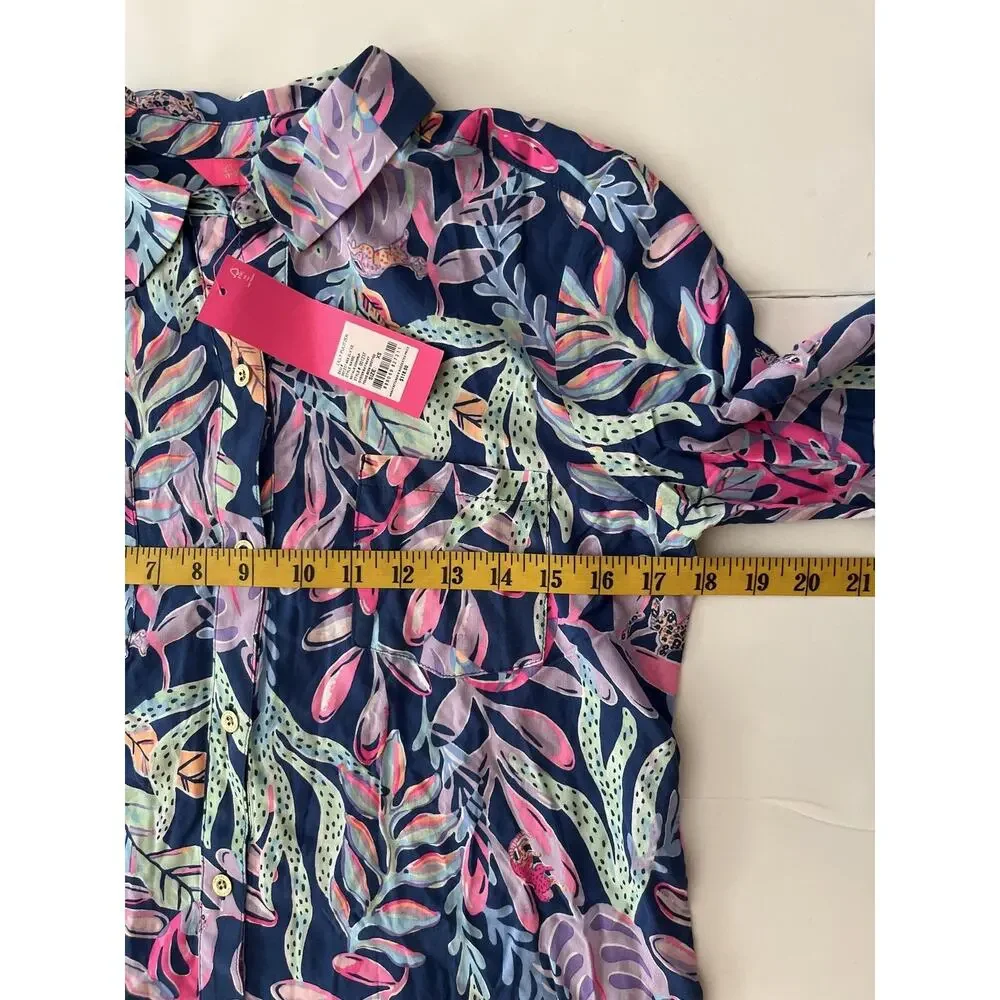 Lilly Pulitzer Natalie Cover Up Womens XS Blue Tropical Print Button Front Tunic